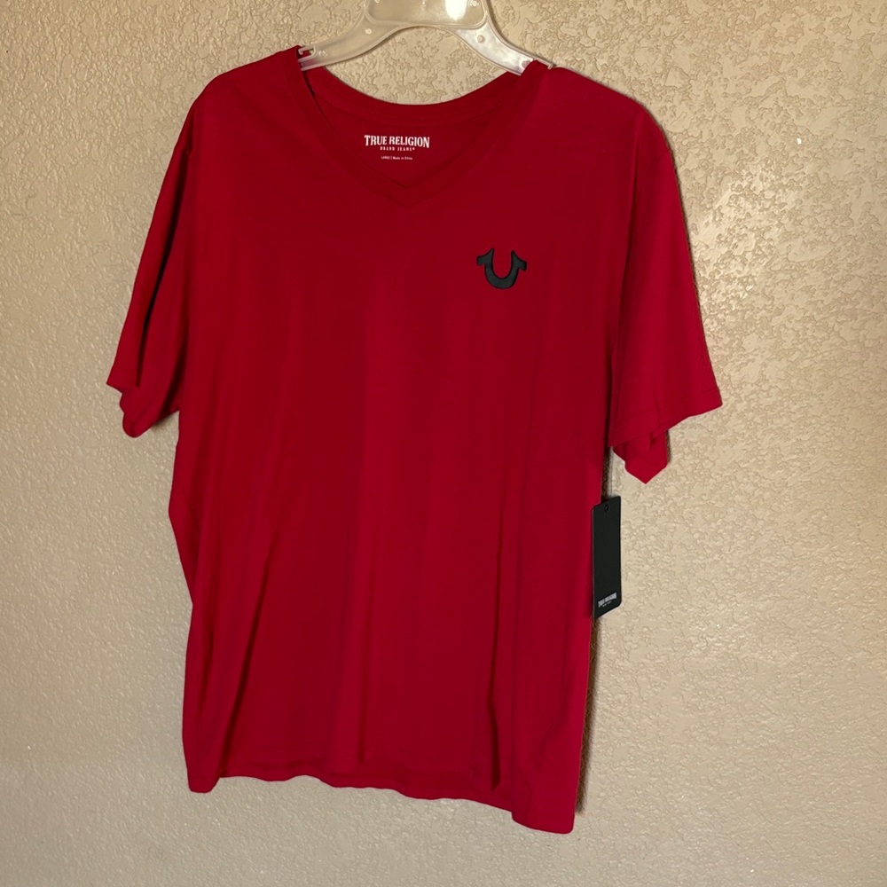 True Religion Red V-Neck Short Sleeve Tee with Black Logo Horseshoe